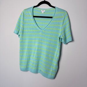 J.Crew Mint Green Striped V-Neck Short Sleeve Sweater Linen Blend